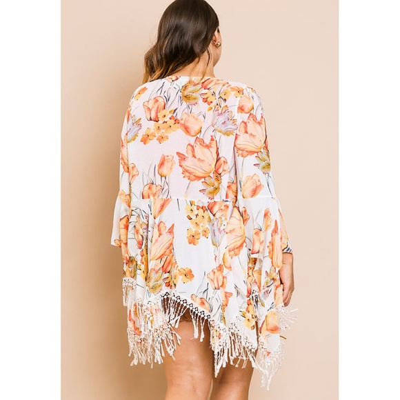 Ivory Floral Plus Size Kimono Tassel Sharkbite Hem - Picture 5 of 8